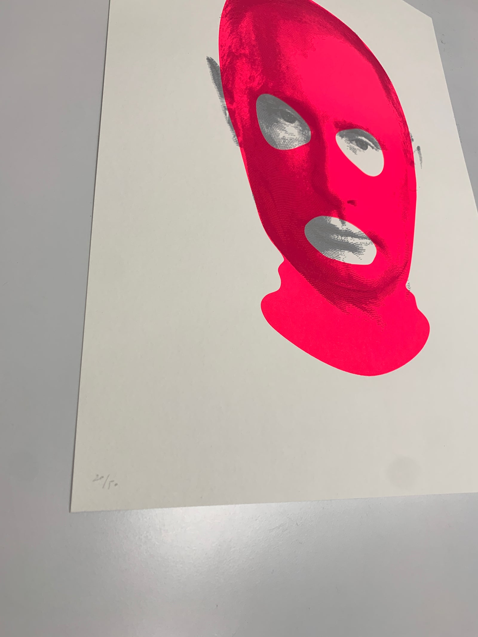 Masks of Fear - Putin (2nd Edition) by Heath Kane, a limited edition 4 colour screen print on somerset satin 300gsm paper with two tones of metallic silver and neon pink ink from 2020