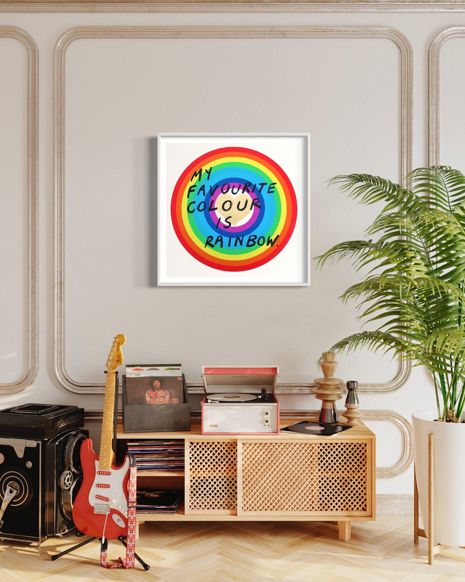 My Favourite Colour Is Rainbow (Gold Heart) by Adam Bridgland, a limited edition archival inkjet with 1 colour screen print and glitter overlay on somerset satin 330gsm paper from 2019