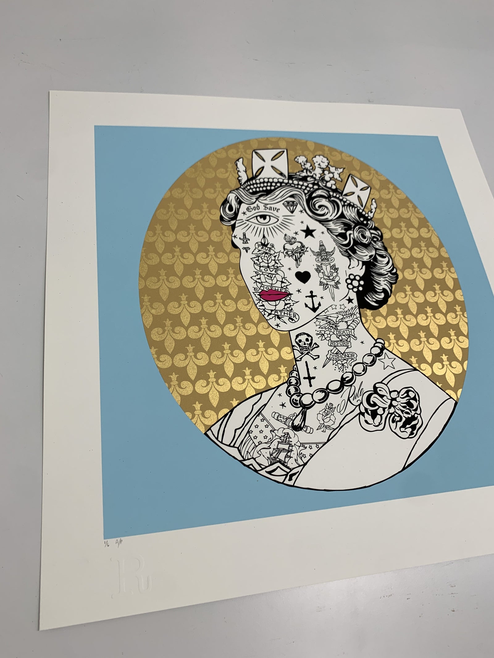 Liz Ink Blue And 24CT Gold Halo (2014) by Rugman, a limited edition 5 colour print with 24ct gold leaf on somerset satin 300gsm paper from 2014