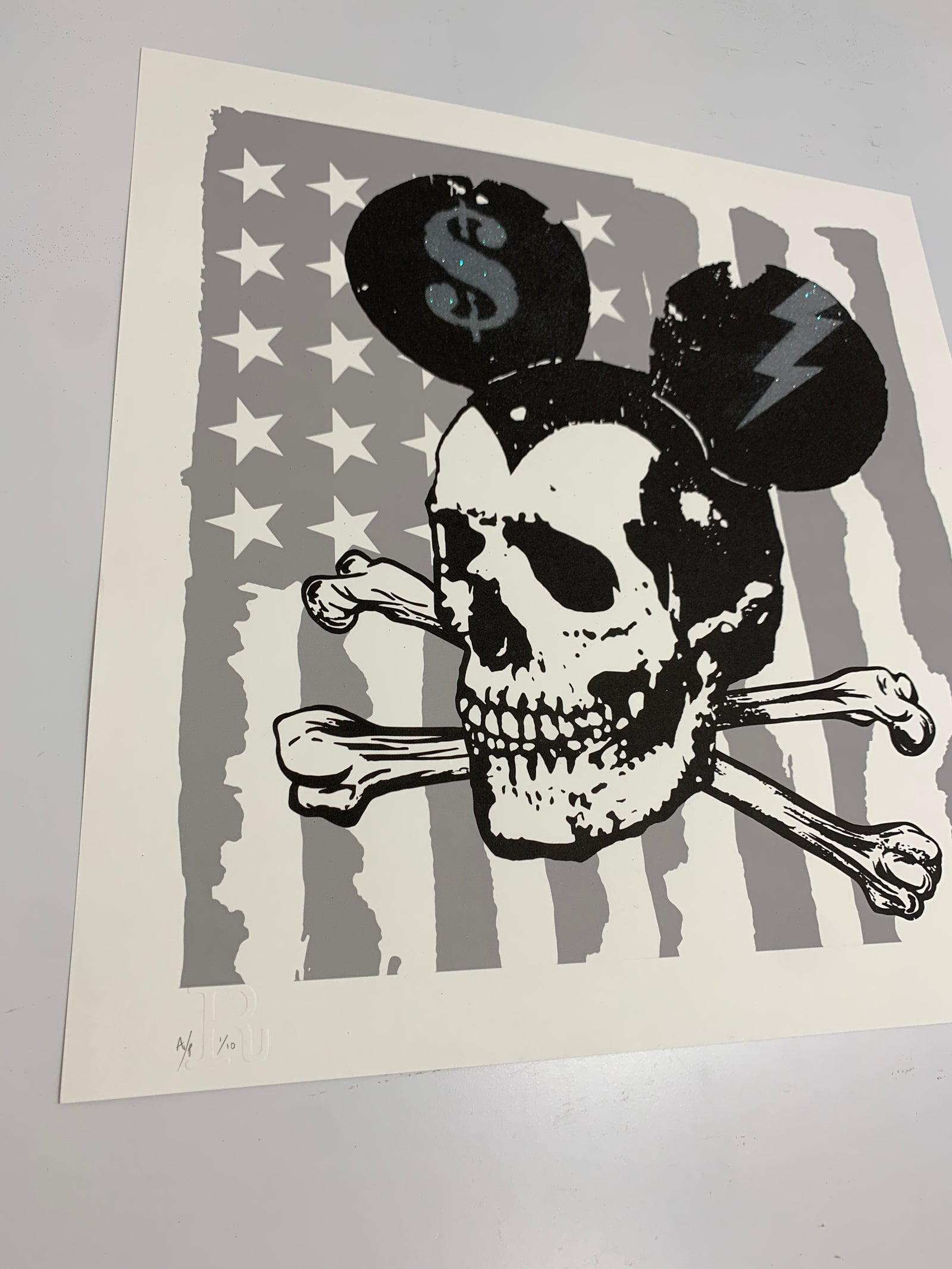 Misfit Mickey Black Flag - Pink & Pearl Glitter Dust by Rugman, a limited edition high quality archival giclee print on 310gsm heritage print making paper. hand finished with glitter dust on the ears from 2020