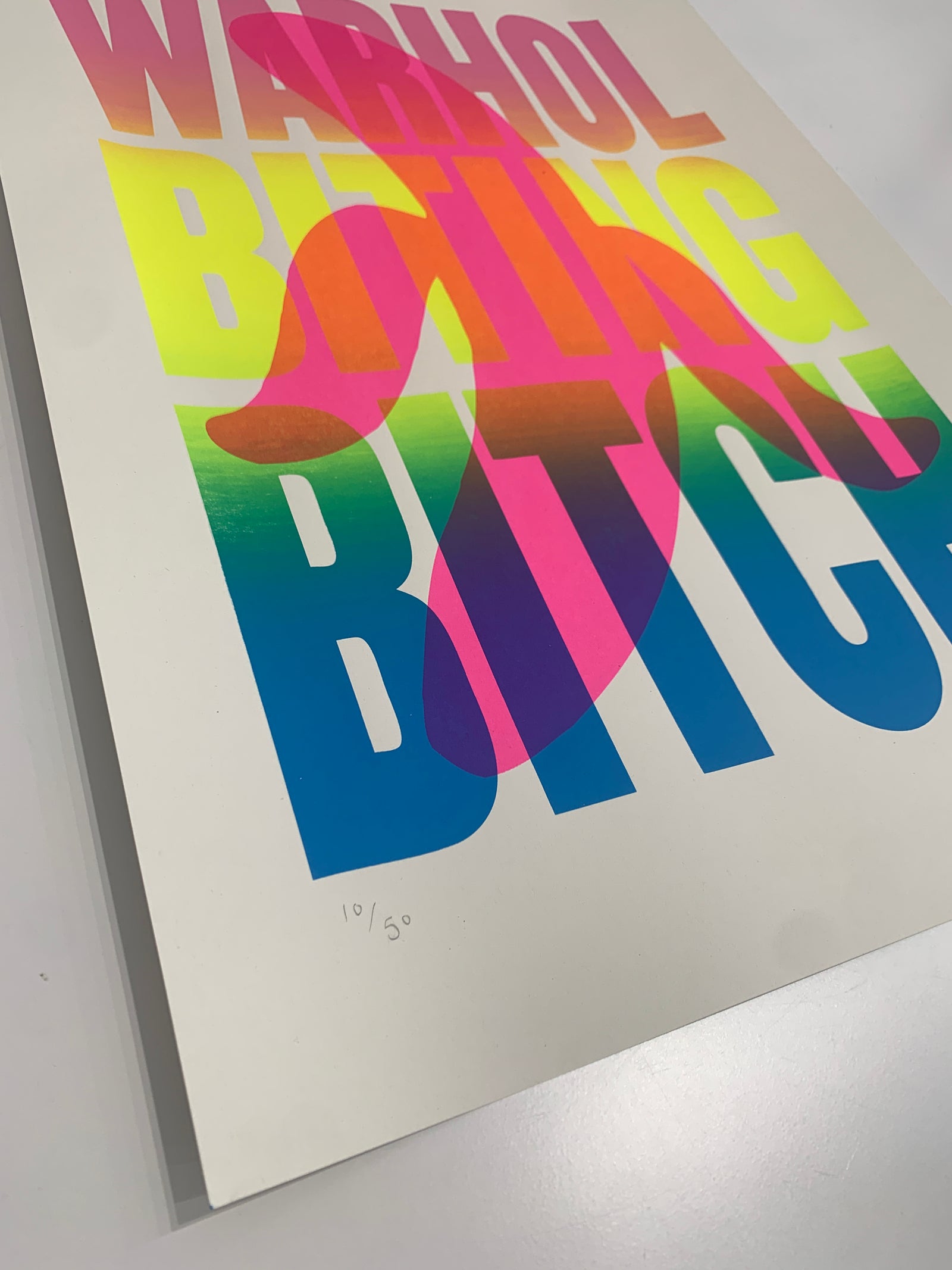 Warhol Biting Bitch (White) by Shuby, a limited edition multicoloured silk screen print placed on 250gsm paper from 2021