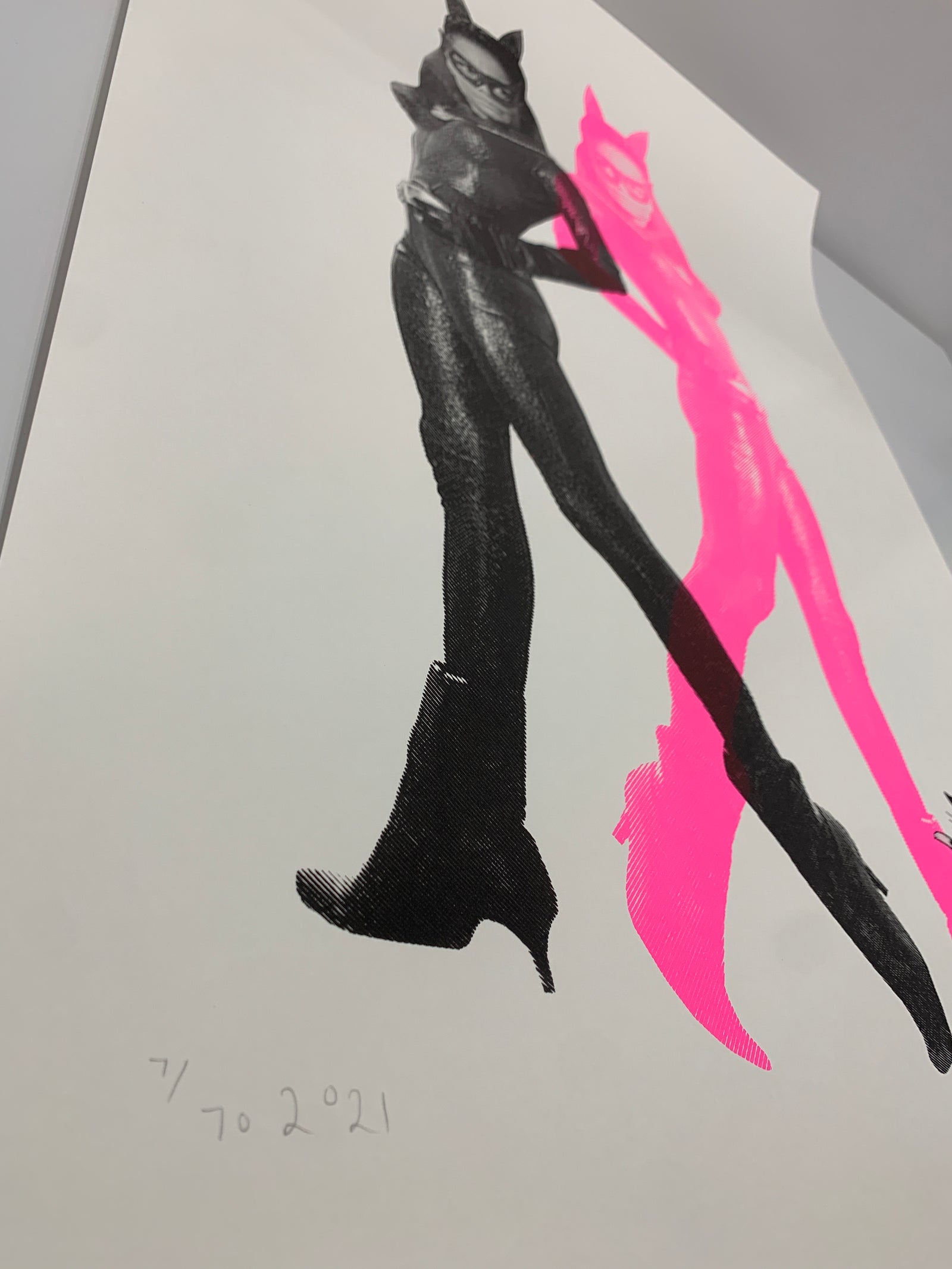 Eartha Kitt Cat Woman in Black and Pink by Shuby, a limited edition coloured silk screen print with hand finished cat from 2021