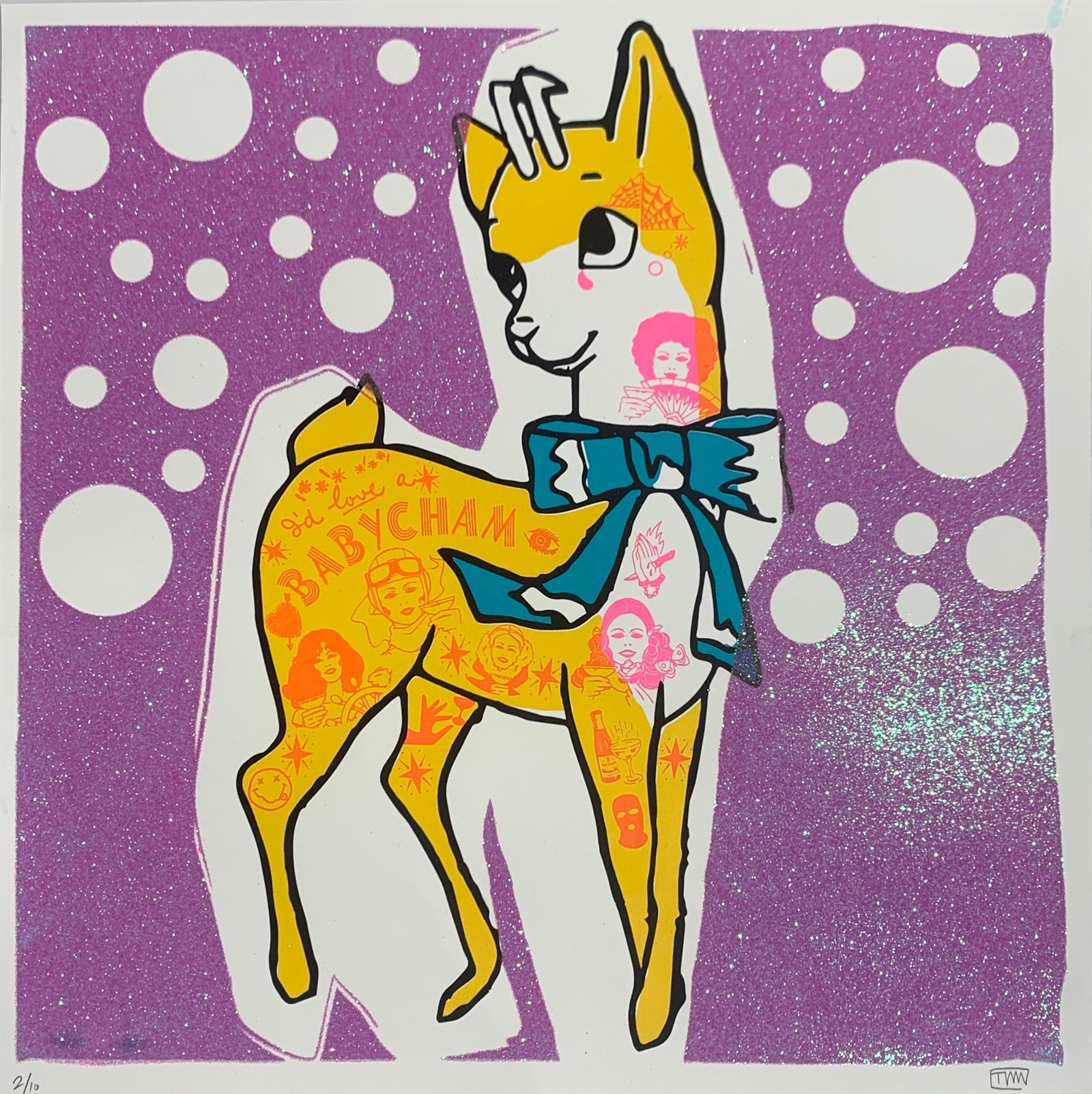 Babycham bubbles (Purple) by Rob Timm, a limited edition printed in 5 colours, on gf smith 330 gsm naturalis absolute white satin paper hand finished with blue glitter from 2023