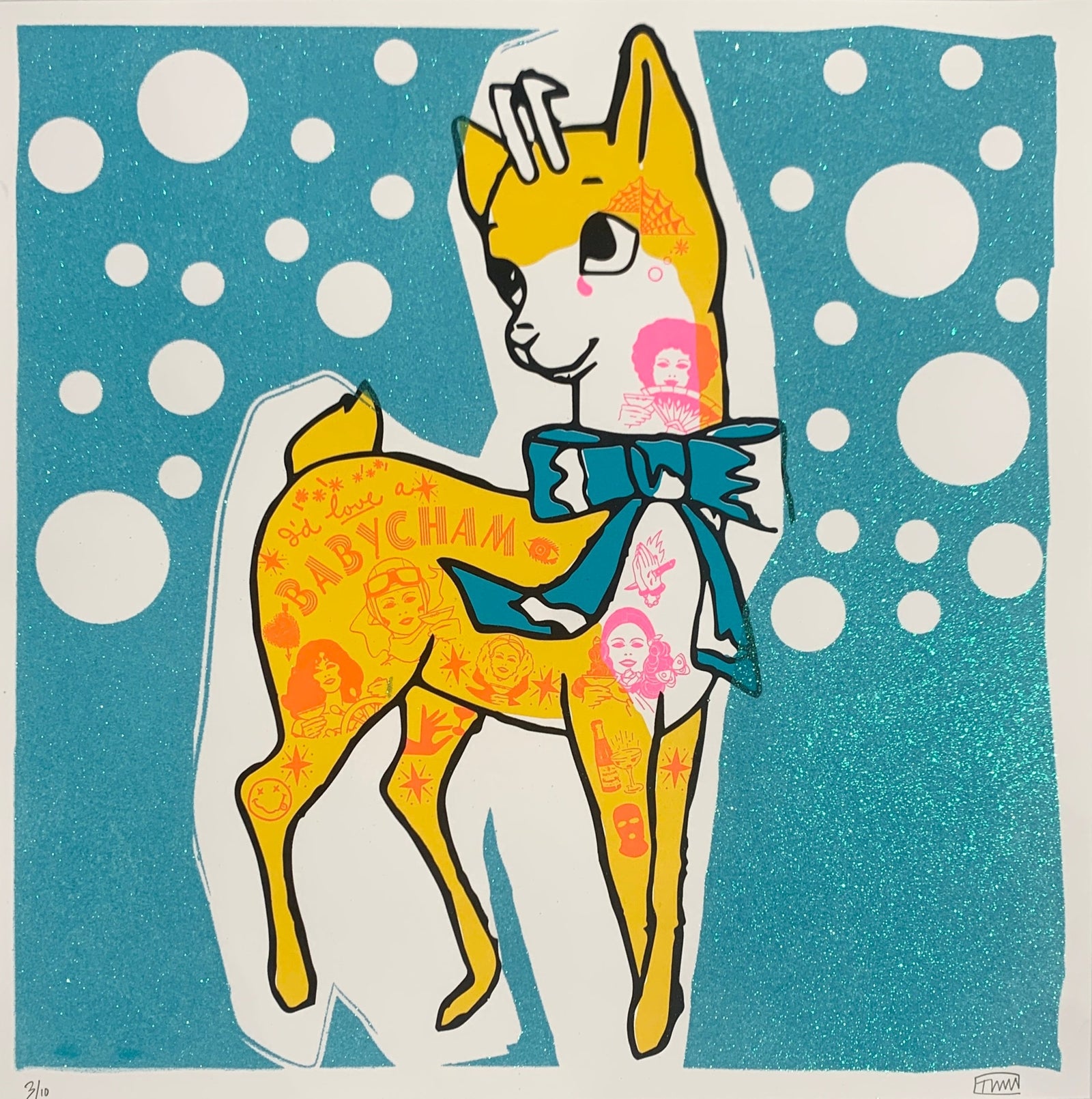 Babycham bubbles (Baby blue) by Rob Timm, a limited edition printed in 5 colours, on gf smith 330 gsm naturalis absolute white satin paper hand finished with blue glitter from 2023