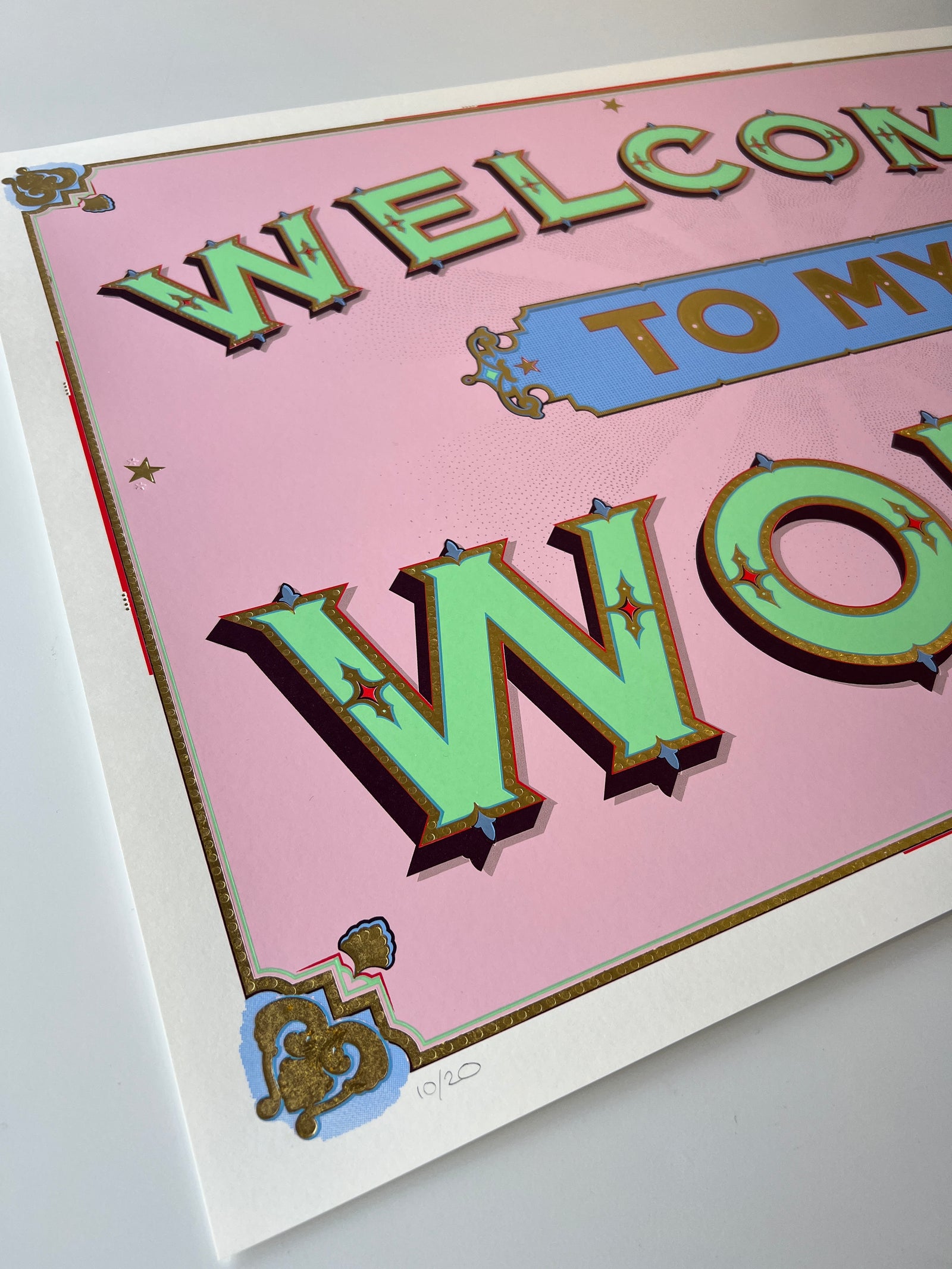 Welcome To My World by Eddy Bennett, a limited edition 7 layer screen print has been hand finished with 23.5ct gold leaf from 2023