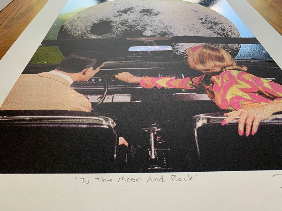 To the Moon and Back by Joe Webb, a limited edition 7 colour silkscreen with iridescent ink and glitter uv varnish from 2021