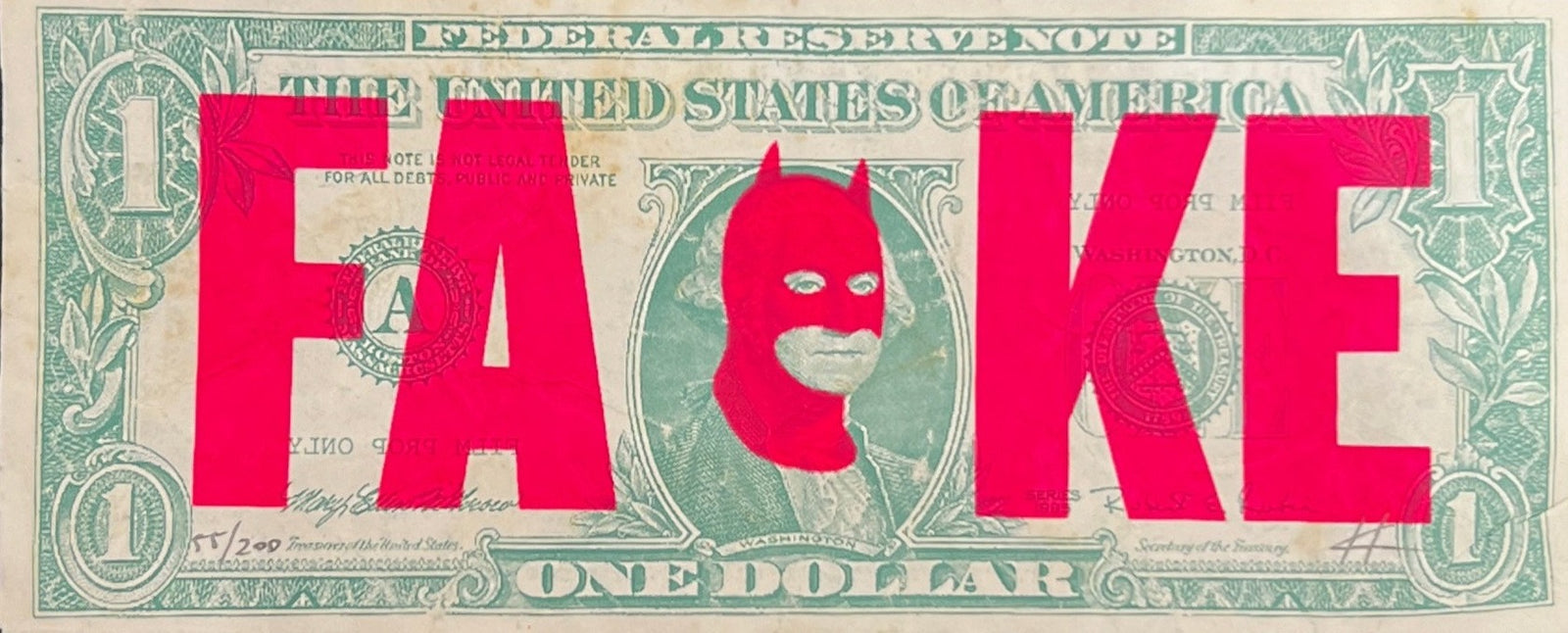 Rich Enough To Be Batman - 'FAKE' Dollar Note Edition by Heath Kane, a limited edition 1 colour screenprint on us dollar note from 2022