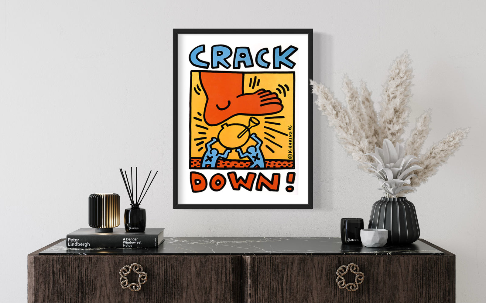 Crack Down (Framed) by Keith Haring, a limited edition offset lithographic poster. comes with the original program from the benefit concert from 1986