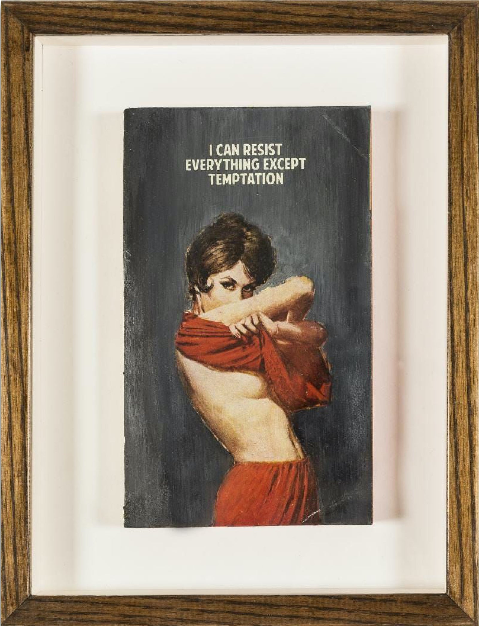 I Can Resist Everything Except Temptation – Grey (Framed) by The Connor Brothers, a limited edition hand painted vintage paperback book with silkscreen from 2019