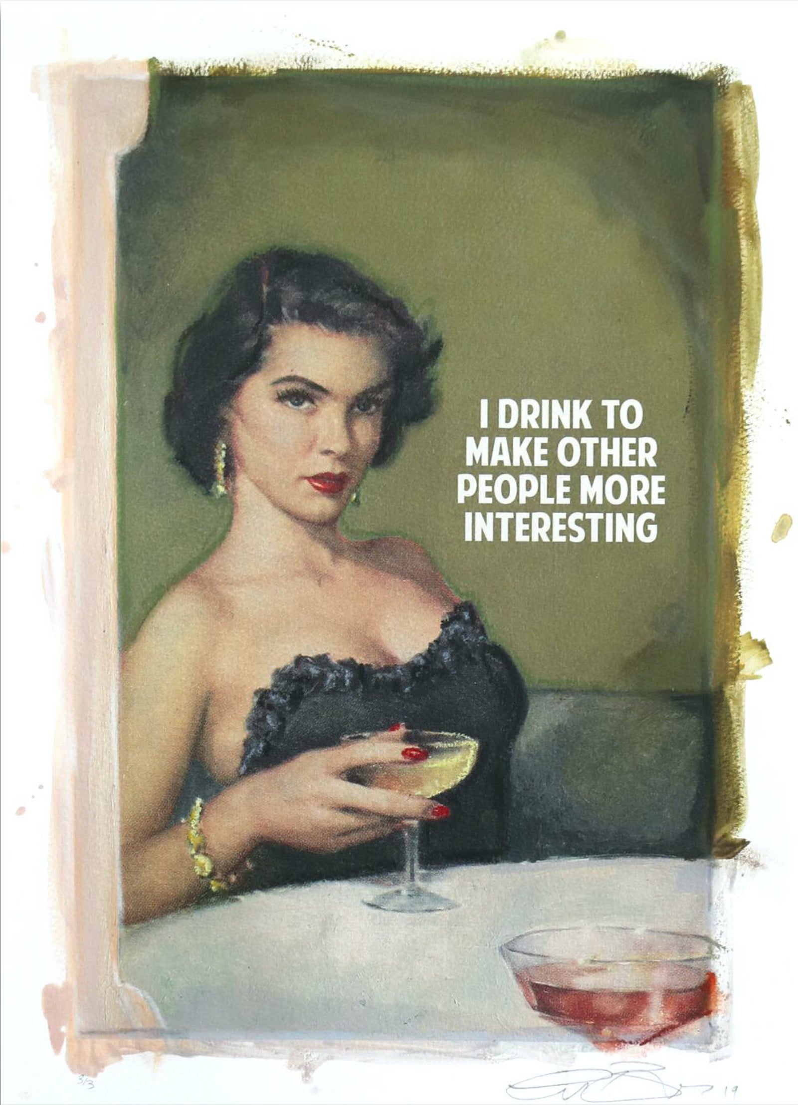 I Drink To Make People More Interesting   – Green (Framed) by The Connor Brothers, a limited edition hand coloured giclée print in oil, pastel and varnish. from 2021