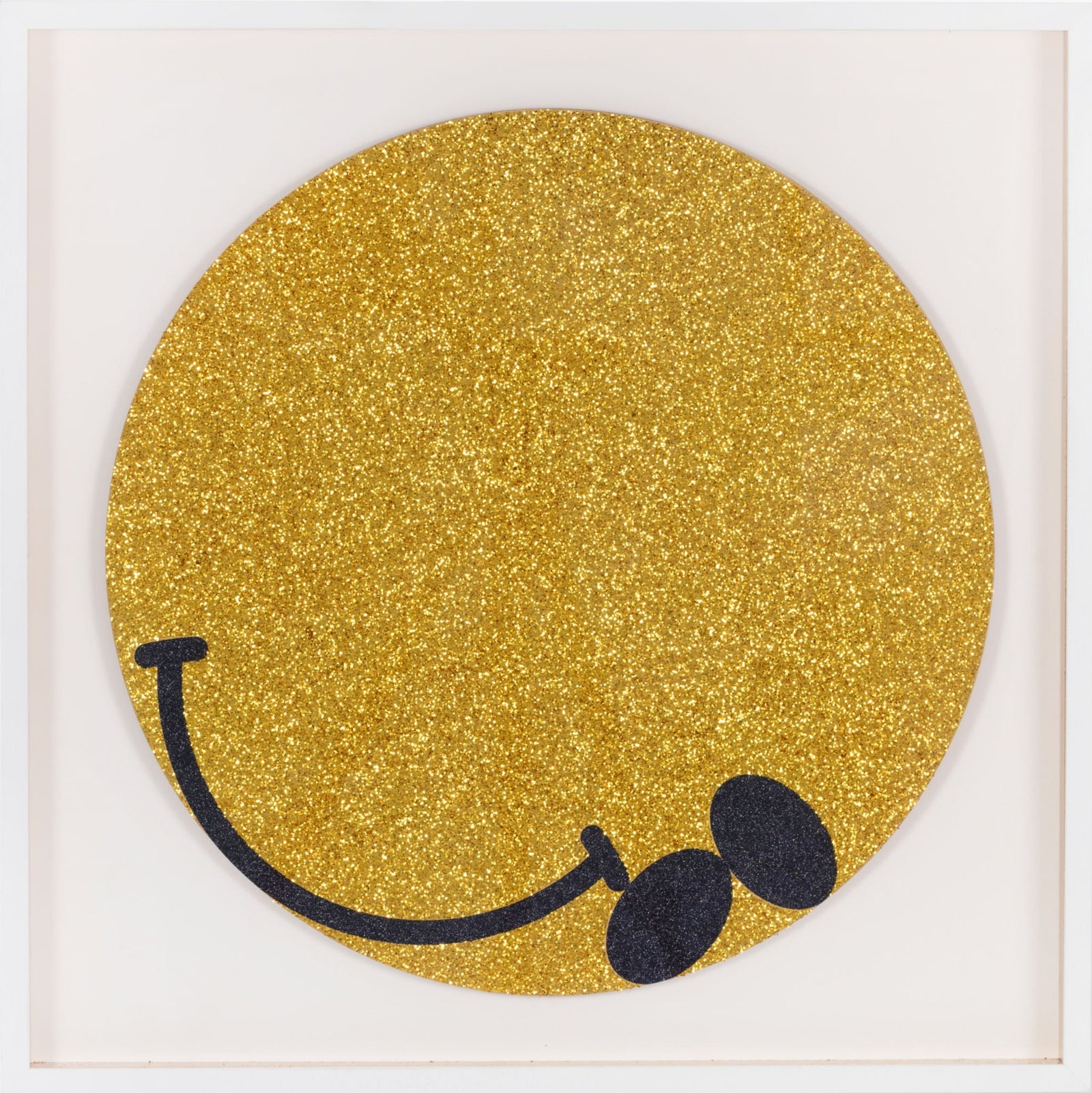 HERE FOR A GOOD TIME NOT A LONG TIME (GOLD GLITTER EDITION) - (Framed) by James Joyce, a limited edition gold and black glitter on 3mm ply wood. this work comes framed and float mounted in white with gold fillets from 2018