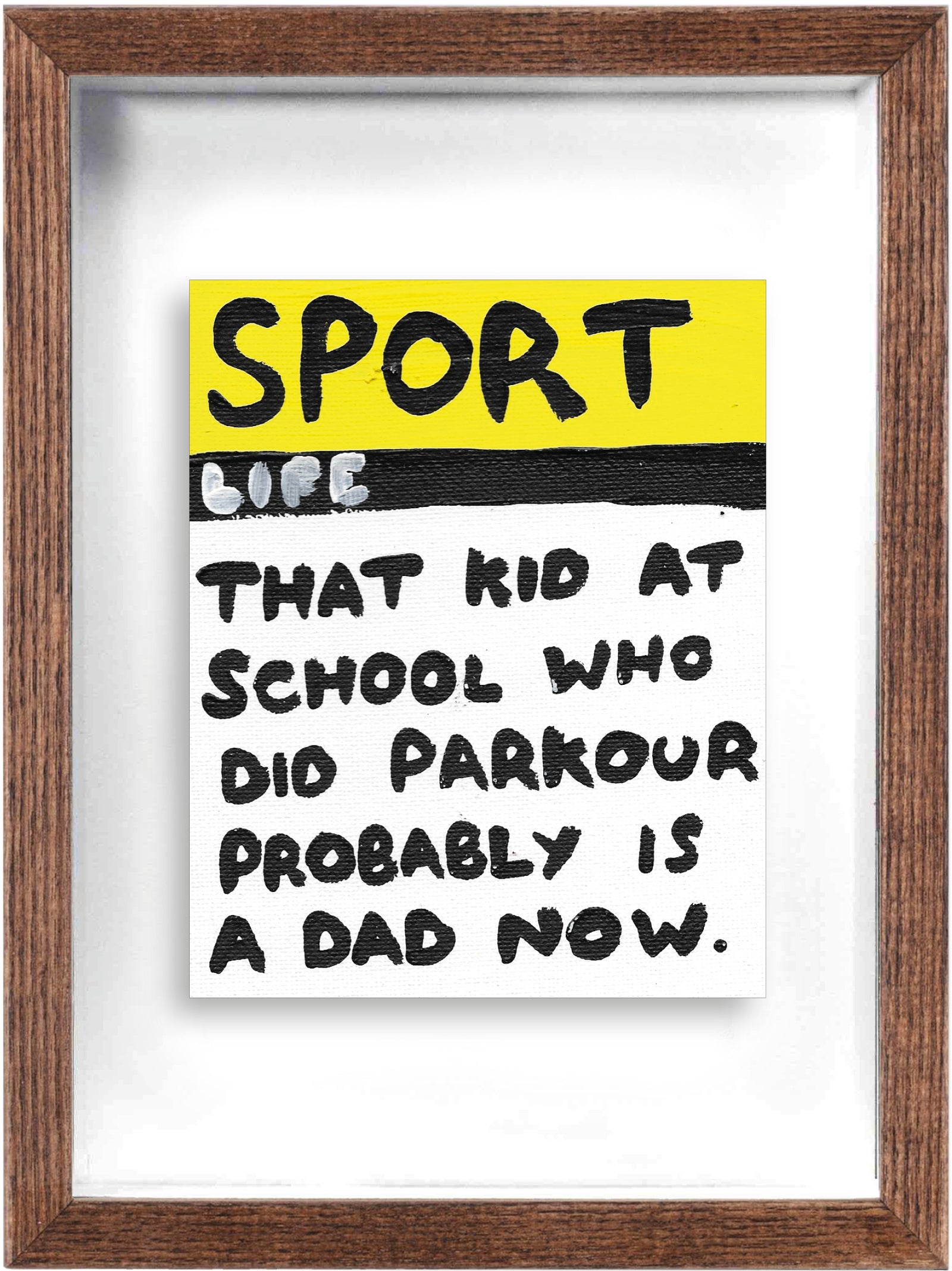 Parkour Dad (Framed) by Times New Roadman, a original hand painted with acrylic on canvas stretched board from 2021