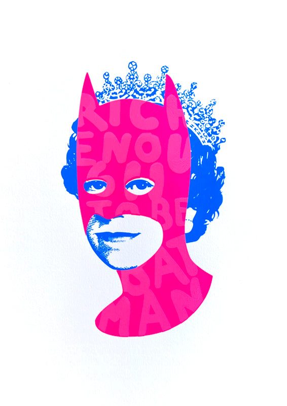 Rich Enough to be Batman Classic - Pink and Blue by Heath Kane, a limited edition four colour screen print on southbank coarse 310gsm paper from 2021