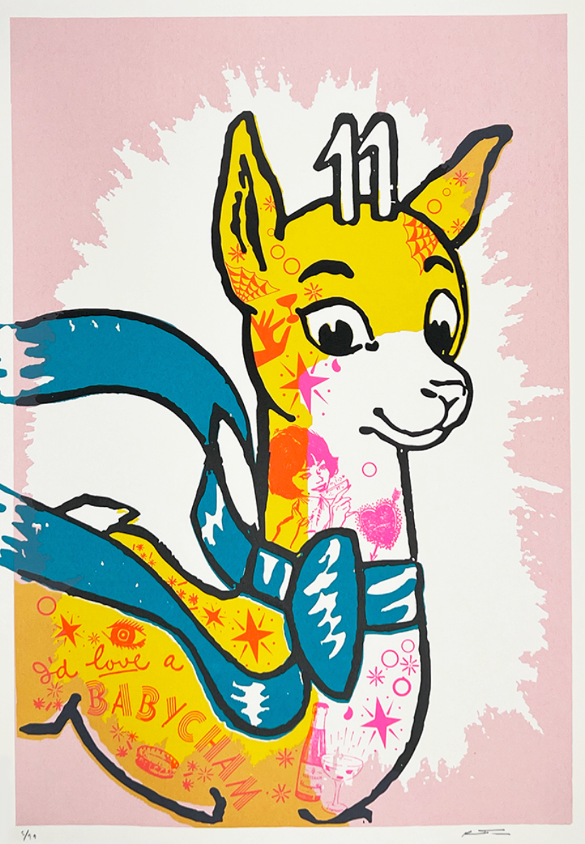 I'd love a Babycham by Rob Timm, a limited edition printed in 5 colours, on gf smith 330 gsm naturalis absolute white satin paper from 2023