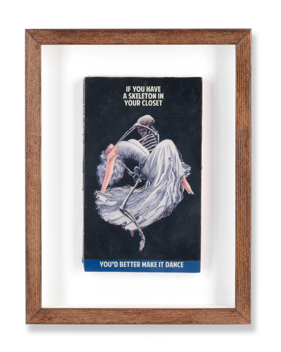 If You Have A Skeleton In Your Closet You'd Better Make It Dance - (Framed) by The Connor Brothers, a limited edition hand painted vintage paperback with silkscreen additions. each unique and housed within the artist's frame from 2019