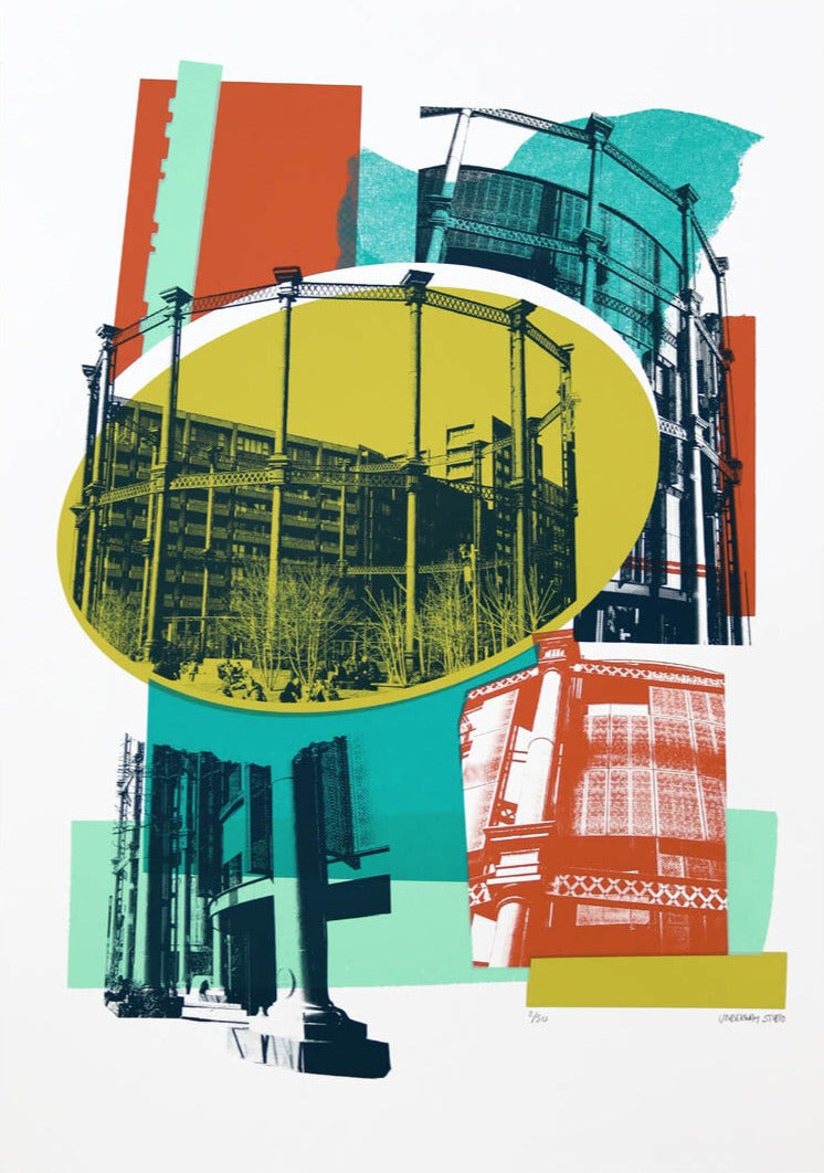 Gasholder Park by Underway Studio, a limited edition 5 colour screenprint on southbank smooth 300gsm paper from 2019
