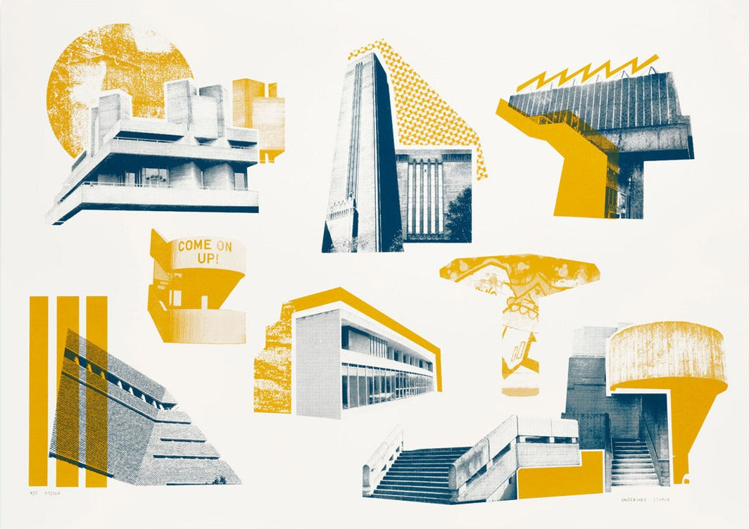 Southbank Icons (Mustard and Teal) by Underway Studio, a limited edition 4 colour screenprint on lambeth cartridge 280 gsm from 2018