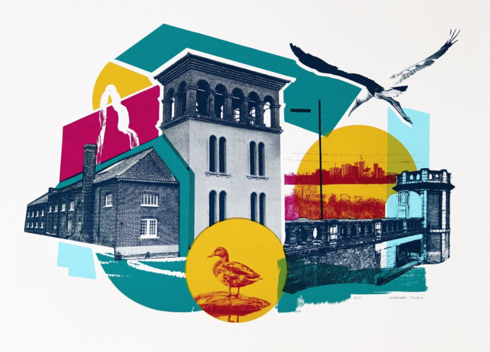 Walthamstow Wetlands by Underway Studio, a limited edition 5 colour screenprint on southbank smooth 300gsm paper from 2021