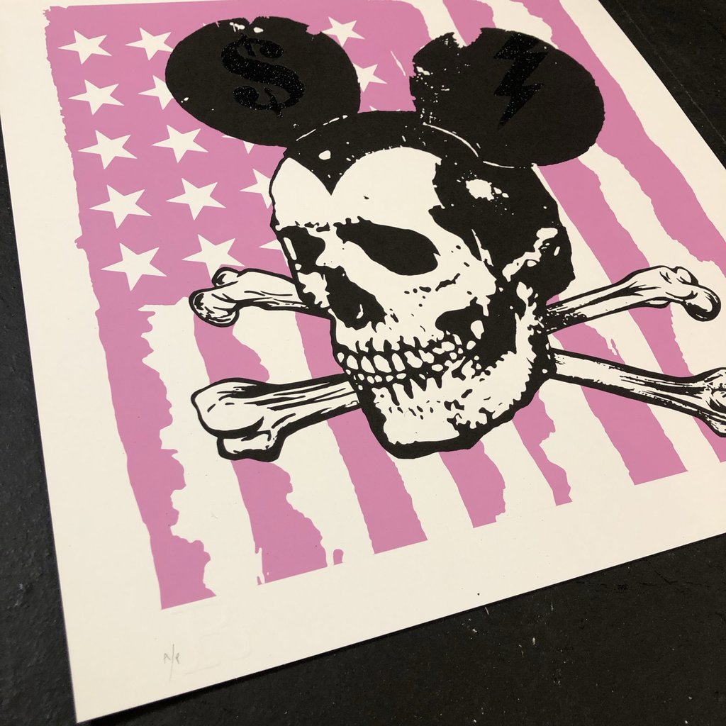 Misfit Mickey Pink Flag - Pink & Black Glitter Dust by Rugman, a limited edition high quality archival giclee print on 310gsm heritage print making paper. hand finished with glitter dust on the ears from 2020