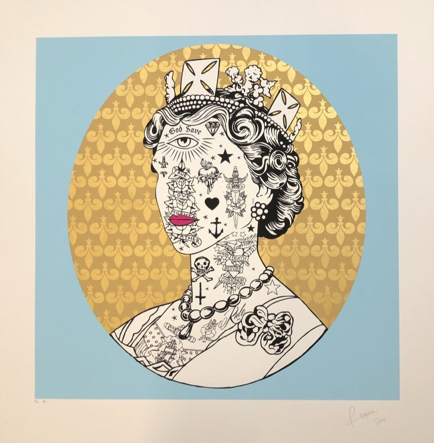 Liz Ink Blue And 24CT Gold Halo (2014) by Rugman, a limited edition 5 colour print with 24ct gold leaf on somerset satin 300gsm paper from 2014