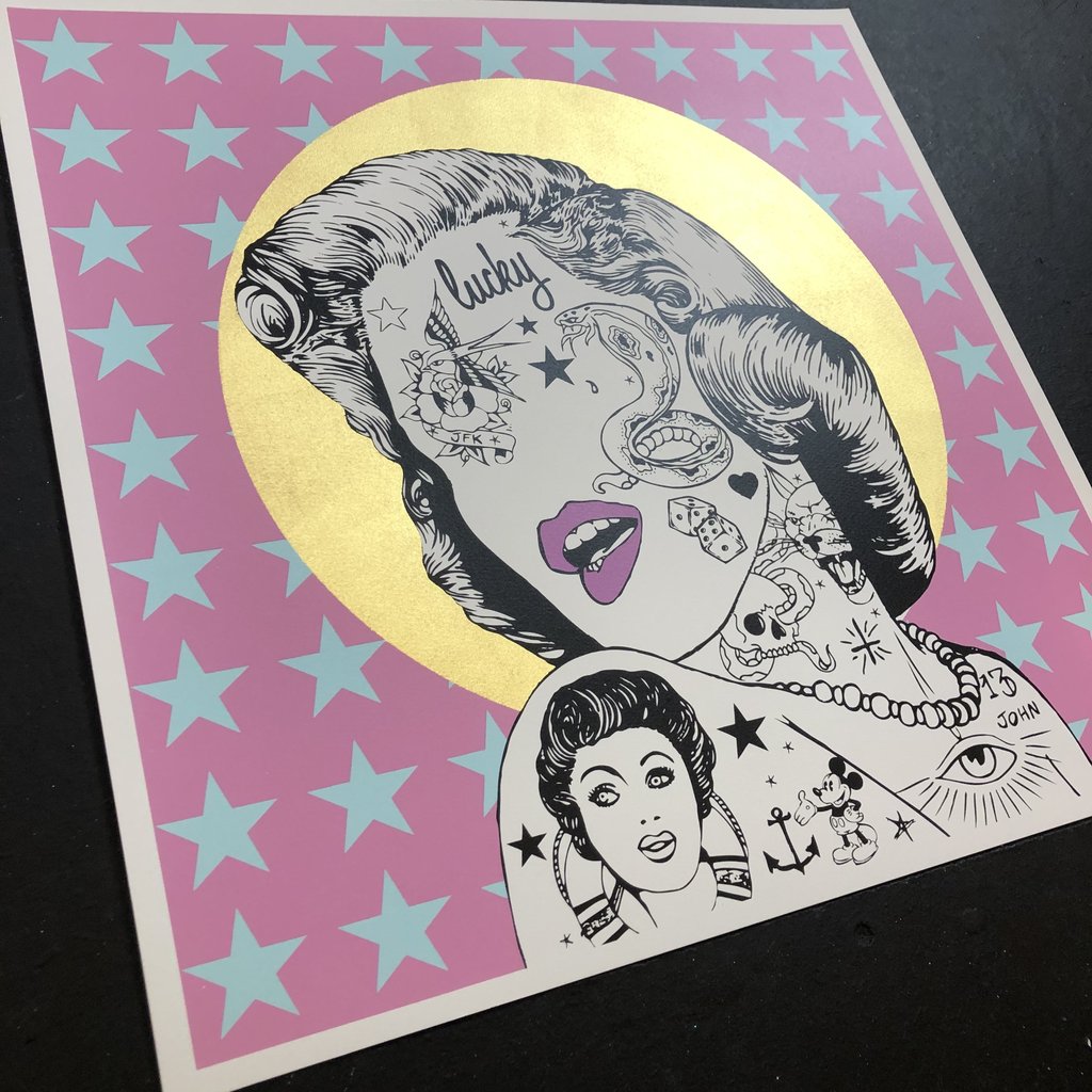 Monroe Pink and Blue Stars by Rugman, a limited edition 4 colour screen print special edition. finished with 24ct gold on the halo from 2014
