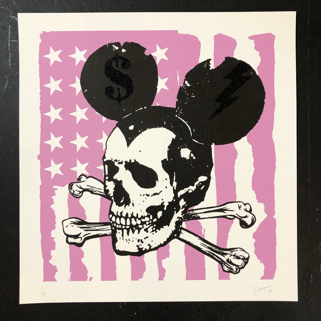 Misfit Mickey Pink Flag - Pink & Black Glitter Dust by Rugman, a limited edition high quality archival giclee print on 310gsm heritage print making paper. hand finished with glitter dust on the ears from 2020