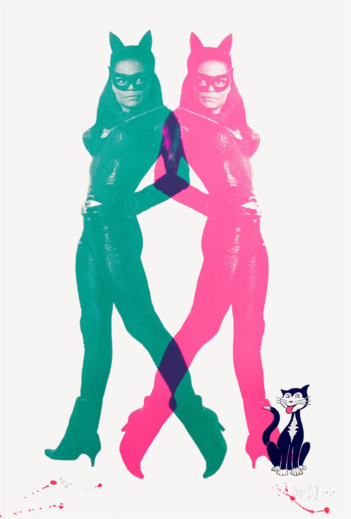 Eartha Kitt Cat Woman in Teal and Pink by Shuby, a limited edition 2 coloured silkscreen print on paper with hand finishing from 2021