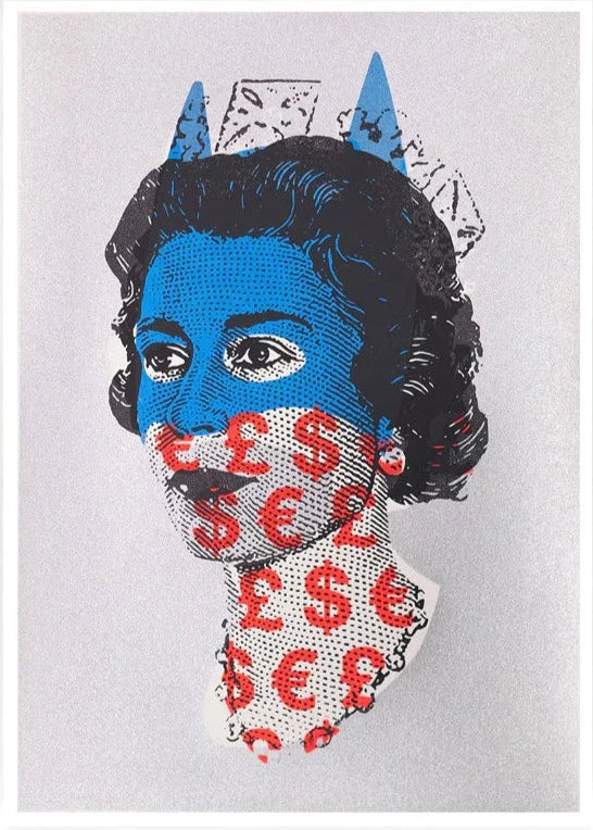 Rich Enough To Be Batman - Elizabeth Silver, Blue and Red Currency by Heath Kane, a limited edition four colour screen print on southbank coarse 310gsm paper with a silver glitter overlay from 2021