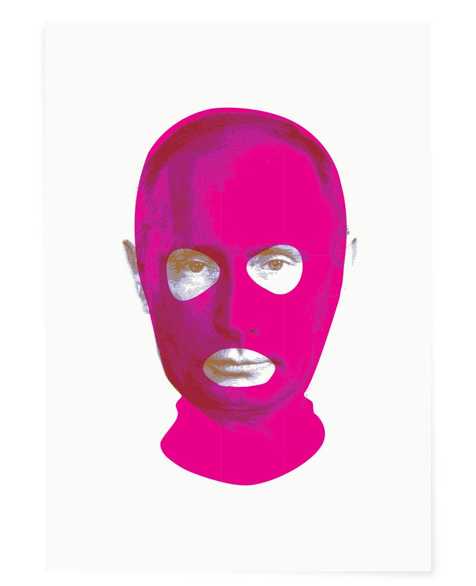 Masks of Fear - Putin (2nd Edition) by Heath Kane, a limited edition 4 colour screen print on somerset satin 300gsm paper with two tones of metallic silver and neon pink ink from 2020