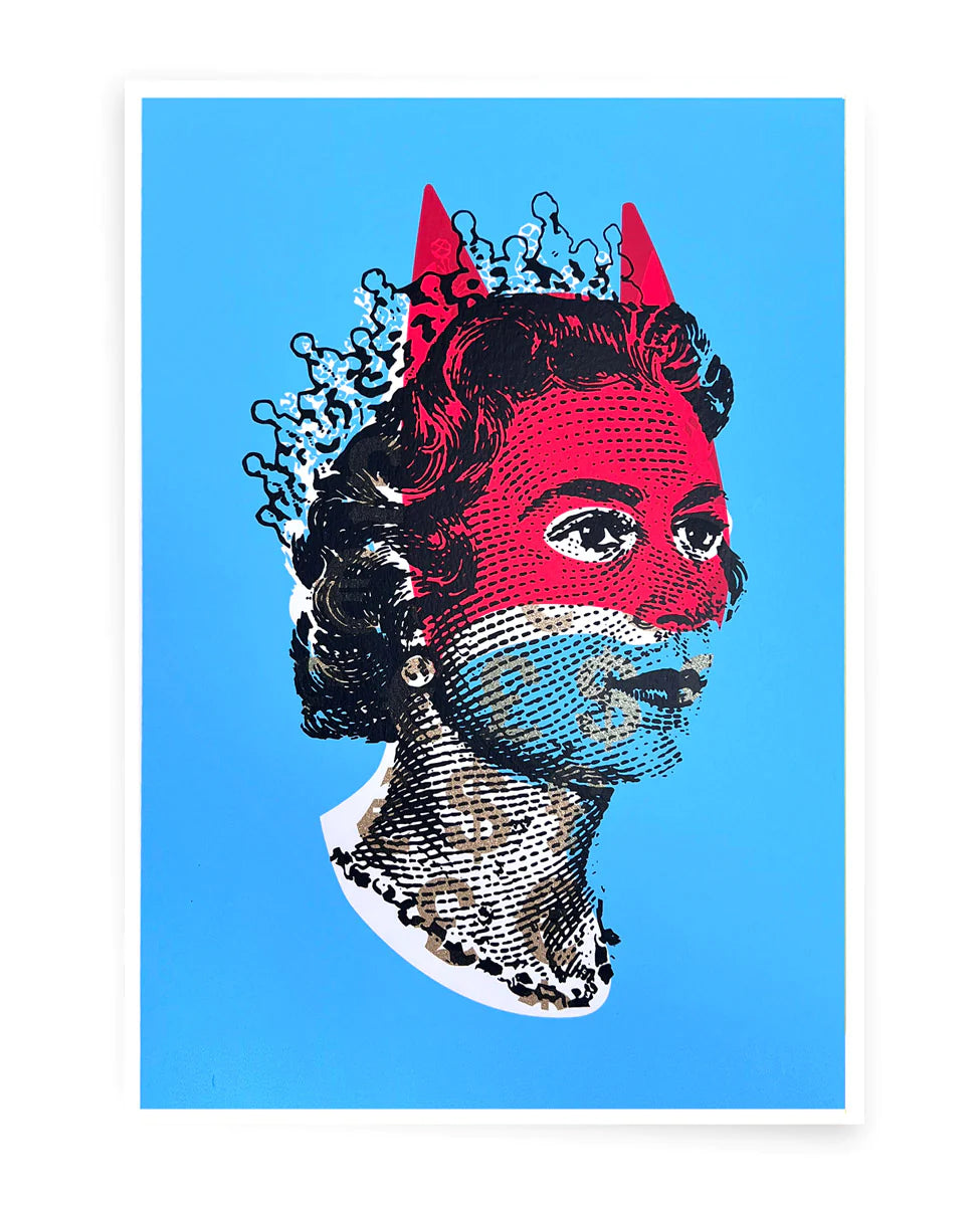 Rich Enough To Be Batman - Lizzie Light Blue and Red Currency by Heath Kane, a limited edition four colour screen print on southbank coarse 310gsm paper from 2021