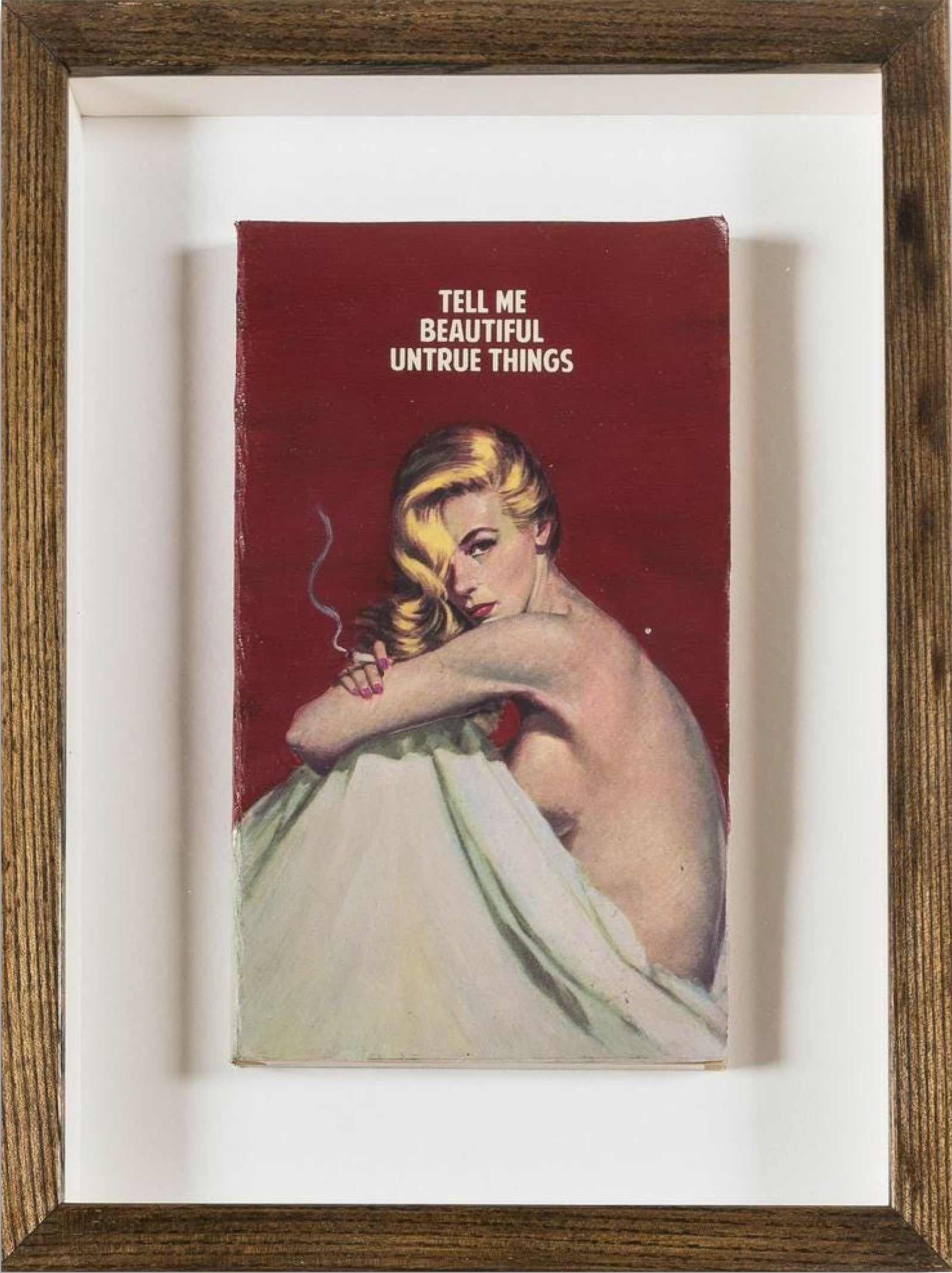 Tell Me Beautiful Untrue Things – Red (Framed) by The Connor Brothers, a limited edition hand painted vintage paperback book with silkscreen from 2019
