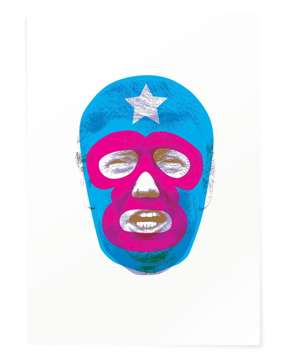 Masks of Fear - El Trump (2nd Edition) by Heath Kane, a limited edition 4 colour screen-print on somerset satin 300gsm paper with two tones of metallic silver and neon pink ink from 2020